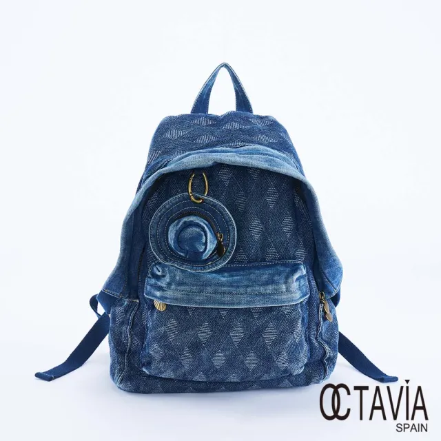 【OCTAVIA 8】雙11 藍小帽 菱格緹花牛仔後背包 - 層次藍(後背包 牛仔後背包 附帽子吊飾)