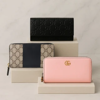 【GUCCI 古馳】經典LOGO壓紋拼接拉鍊掀蓋長夾(多款可選)