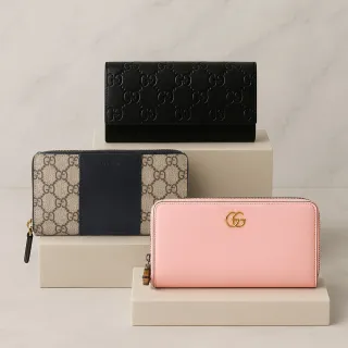 【GUCCI 古馳】經典LOGO壓紋拼接拉鍊掀蓋長夾(多款可選)