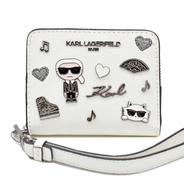【KARL LAGERFELD 卡爾】卡爾老佛爺人像貓咪對開零錢袋短夾(附掛手袋)