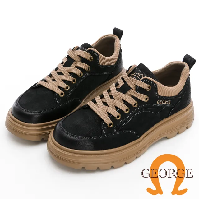 【GEORGE 喬治皮鞋】絨面牛皮繫帶厚底氣墊休閒鞋 -黑 538008CZ10
