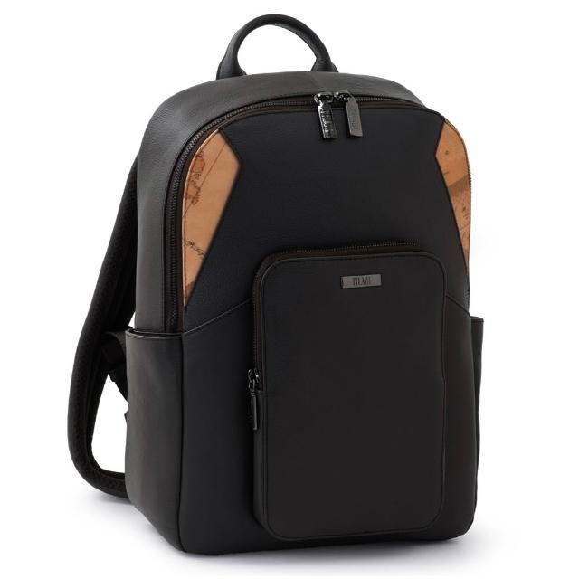 【Alviero Martini】義大利地圖包 小牛皮14吋筆電拉鍊通勤後背包37cm-黑色(電腦包 筆電包)