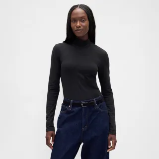 【GAP】女裝 立領長袖T恤-黑色(843914)