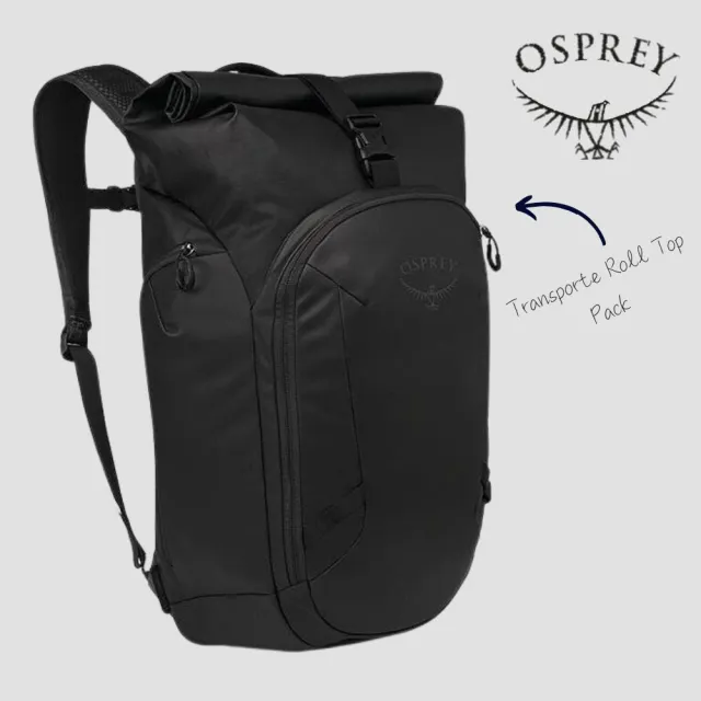【Osprey】Transporter Roll Top Pack 防潑水通勤旅行後背包 Raven Black | 捲式主隔間開口