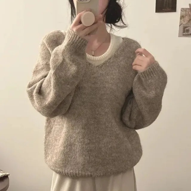 【D.studio】韓版兩件式寬鬆背心+毛衣(針織上衣毛衣長袖上衣保暖上衣 冬天女裝秋冬女裝發熱衣W526)