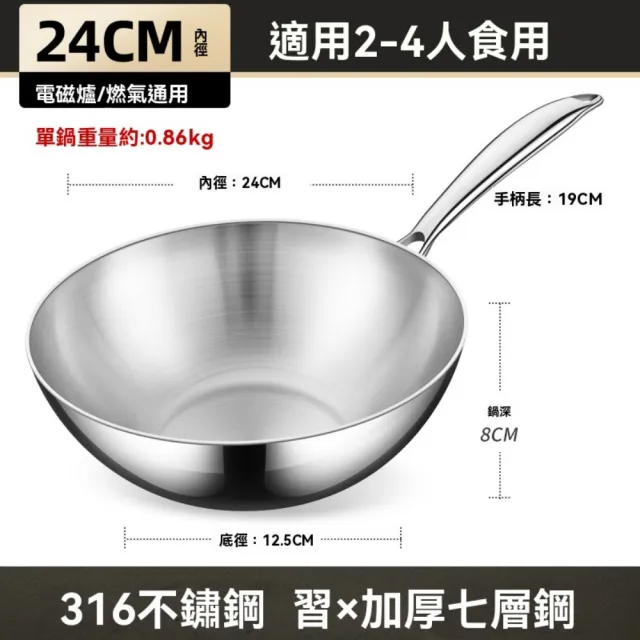 【ZHIPU 芝浦】316不鏽鋼炒鍋 無塗層炒菜鍋 中式炒鍋 不粘鍋 平底鍋 ih爐可用鍋(24cm無蓋款 導熱均