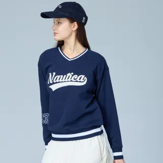 【NAUTICA】官方旗艦 女裝 復古V領羅紋滾邊長袖T恤(深藍色)