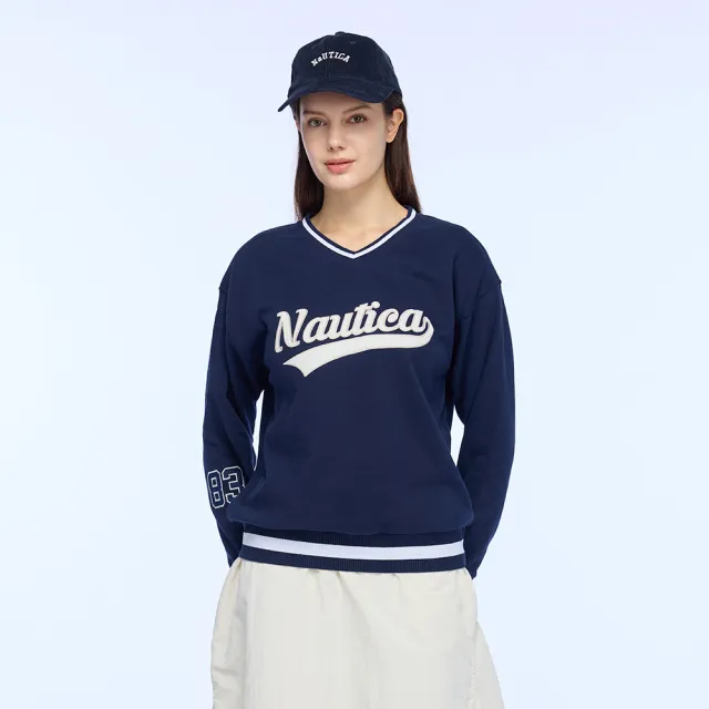 【NAUTICA】官方旗艦 女裝 復古V領羅紋滾邊長袖T恤(深藍色)
