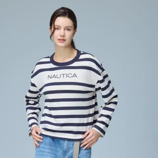 【NAUTICA】官方旗艦 女裝 條紋航海風落肩長袖T恤(米白藍)