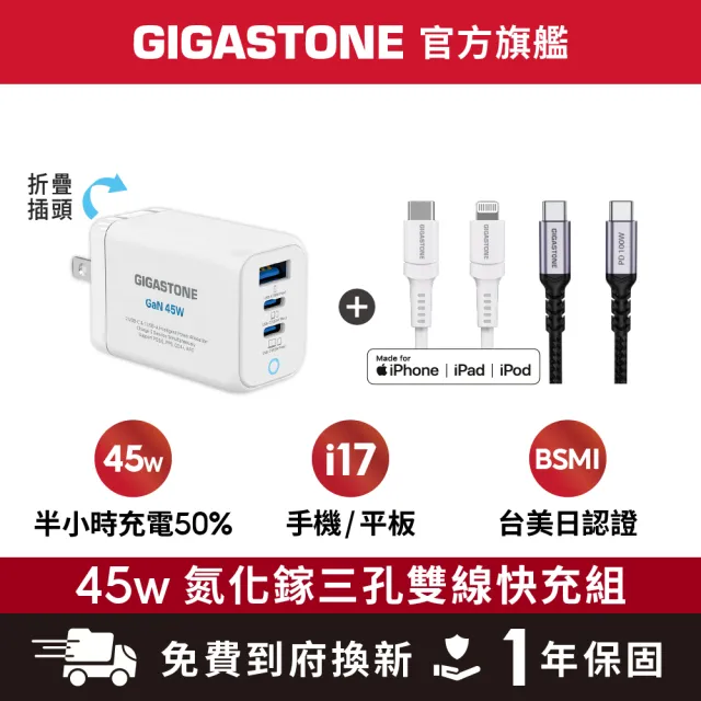 【Gigastone 立達國際】45W GaN快充組 白 : 三孔充電頭+100W/30W雙線(支援iPhone 17/14/筆電)