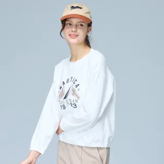 【NAUTICA】官方旗艦 女裝 經典帆船旗幟印花長袖T恤(白色)