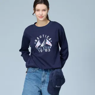 【NAUTICA】官方旗艦 女裝 經典帆船旗幟印花長袖T恤(藍色)