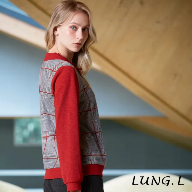 【LUNG.L 林佳樺】LU17A 紅色英倫格紋拼接抽繩長袖女裝上衣(秋冬新品)