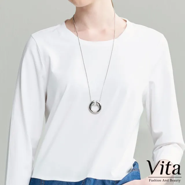 【MYSHEROS 蜜雪兒】VITA 七分袖造型上衣 簡約個性圓領 丹寧拼接前短後長(白)