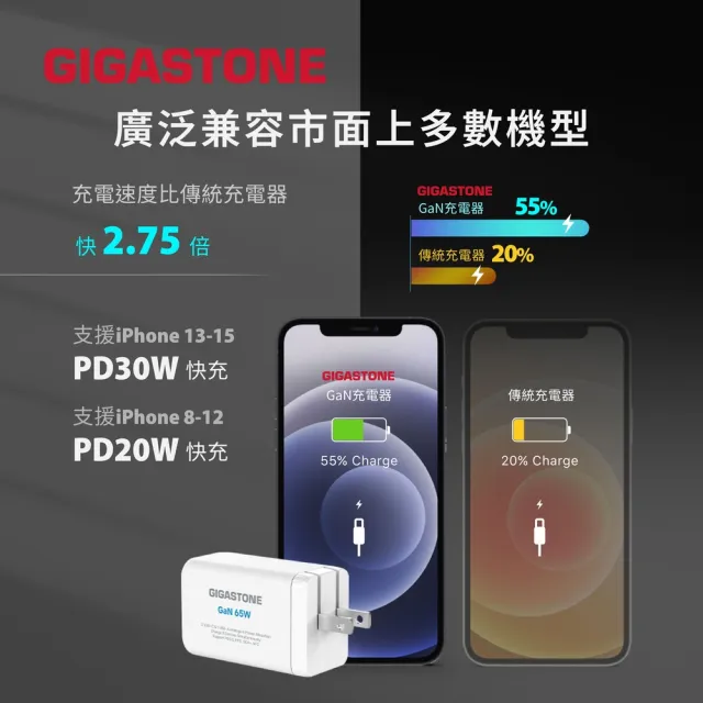 【Gigastone 立達國際】GaN 65W 氮化鎵三孔快充充電器+C to C 100W快充傳輸線(支援iPhone17/Switch充電組)
