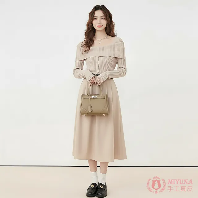 【MIYUNA 米友娜】雙11 真皮頭層牛皮時尚凱莉風小方包手提肩背斜背包(真皮包包 大象灰)