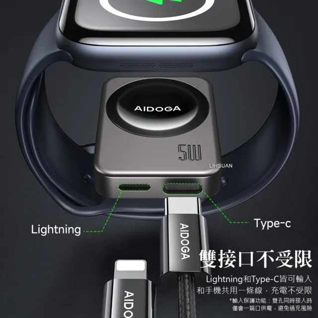 【AIDOGA】Apple Watch/Ultra/SE/AirPods 磁吸快充無線充電器連接線 星航U 1M(Type-C/Lightning母)