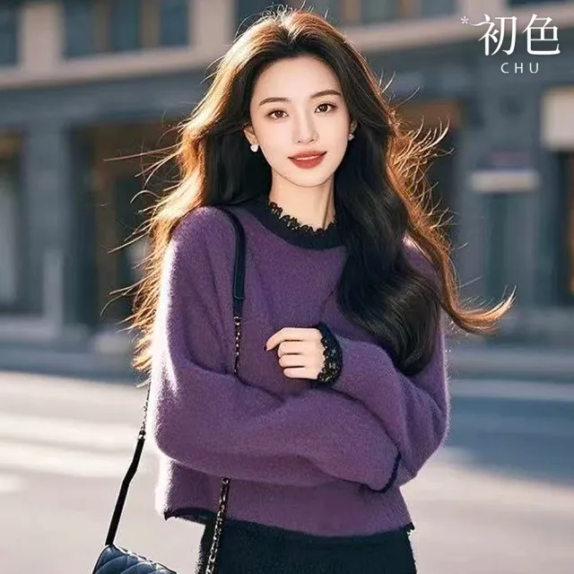【初色】慵懶風純色蕾絲領滾邊長袖短款軟糯針織毛衣上衣女上衣-紫色-18211(F可選)