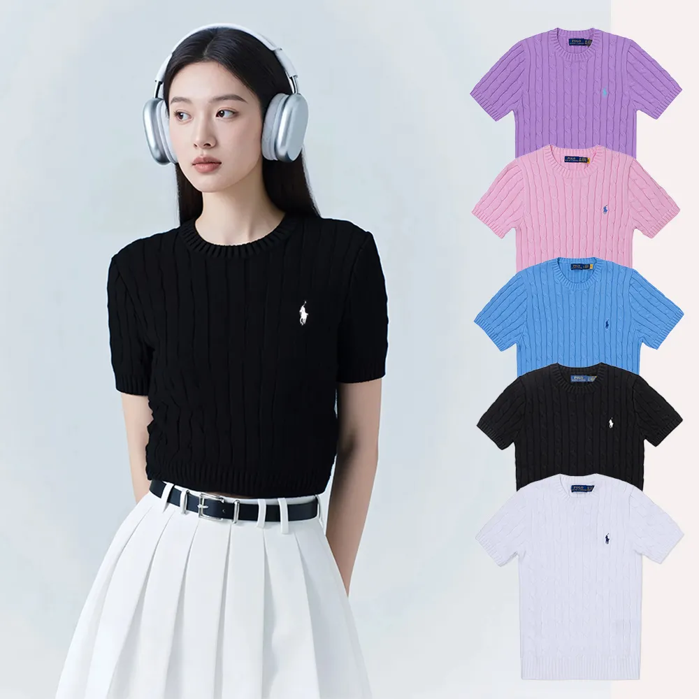 【RALPH LAUREN】RL POLO 圓領經典刺繡小馬麻花針織毛衣-女-多色組合 上衣(短袖款/平輸品)