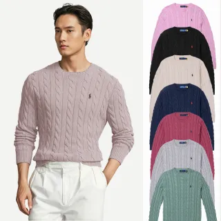【RALPH LAUREN】RL POLO 經典圓領刺繡小馬純棉麻花針織毛衣 上衣-多色組合(平輸品)