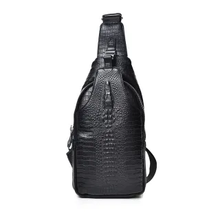 【A&L 紳士館】交換禮物 真皮/頭層牛皮Dhaval招財鱷魚紋輕便有型胸背包-V0391(真皮包包 尊爵黑)
