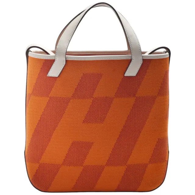 【Hermes 愛馬仕】經典Cabas H en Biais 27系列帆布牛皮手提/肩背包(橘色/白色H083618CK-ORG)