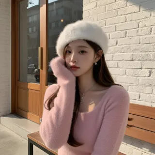 【HaNA 梨花】買一送一贈圍脖 冬日約會千金風 兔毛質感貝蕾帽(千金 兔毛 貝雷)