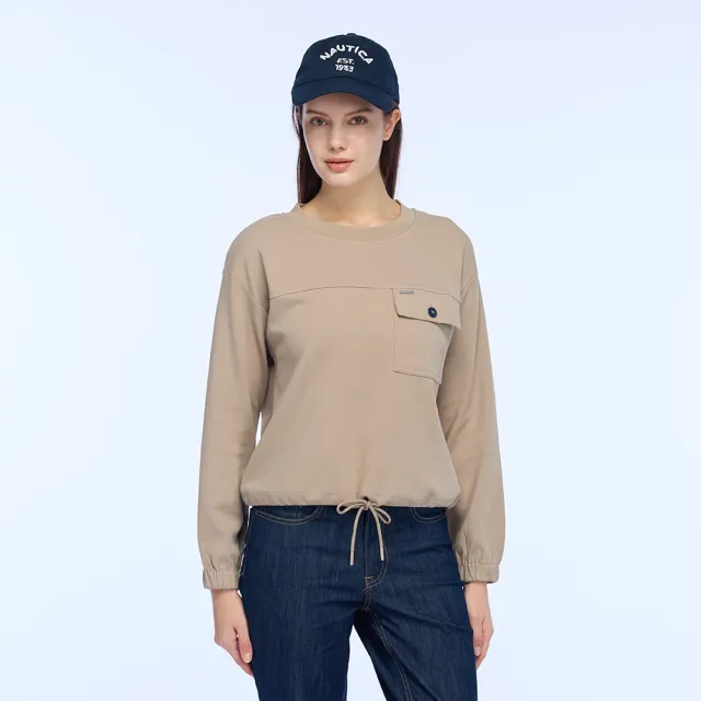 【NAUTICA】官方旗艦 女裝 女裝 大口袋抽繩設計長袖T恤(卡其色)