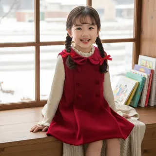 【橘魔法】酒紅復古雙排釦毛呢背心裙(背心洋裝 連身裙 連衣裙 過年 大紅 新年 女童 童裝 兒童)