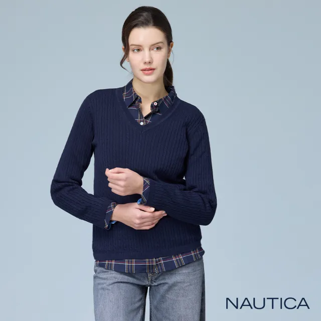 【NAUTICA】官方旗艦  女裝  V領麻花長袖針織上衣(藍色)