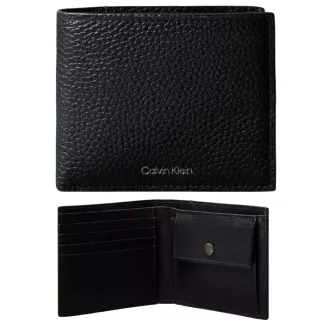 【Calvin Klein 凱文克萊】燙銀 雙層荔枝皮附零錢袋短夾 白色禮盒組(CK短夾 黑色 男夾 男皮夾 男女通用)