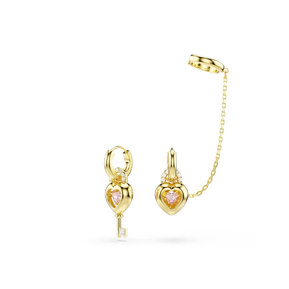 【SWAROVSKI 施華洛世奇】官方直營 Idyllia 心與鑰匙垂墜式耳環和耳骨夾 粉紅色 鍍金色色調 | 5737294