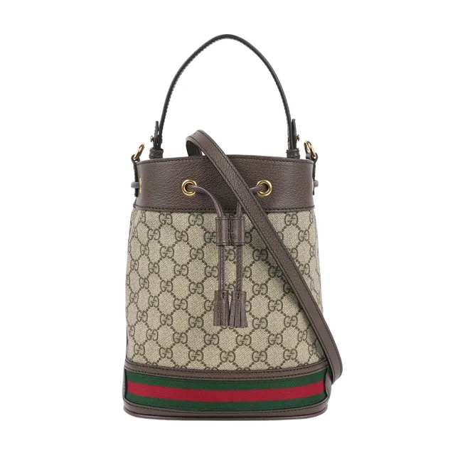 【GUCCI 古馳】Ophidia 塗層帆布及皮革綠紅小款水桶包(米色/烏木色)
