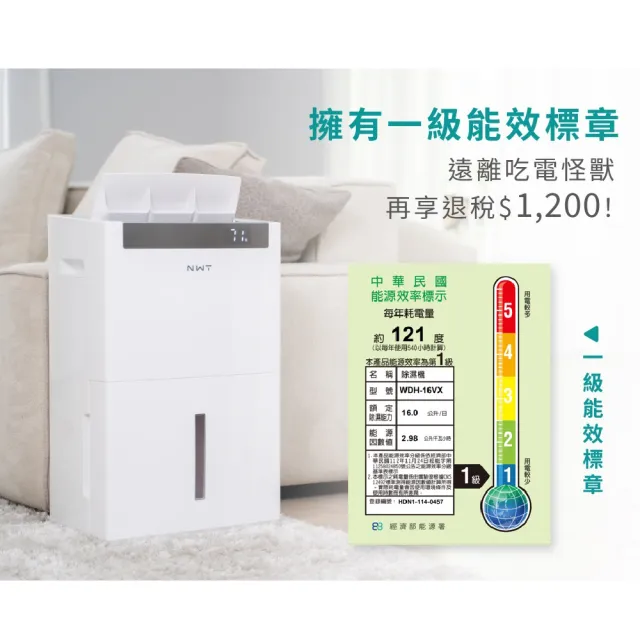 【NEW WIDETECH 威技】WiFi智慧雙變頻一級能效16L除濕機(WDH-16VX)