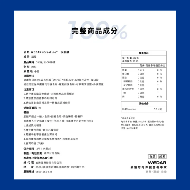 【Wedar 薇達】iCreatine 一水肌酸 1盒(30包/盒.5g/包.快速溶解.隨身包.高純度.無調味.純素.運動補給)