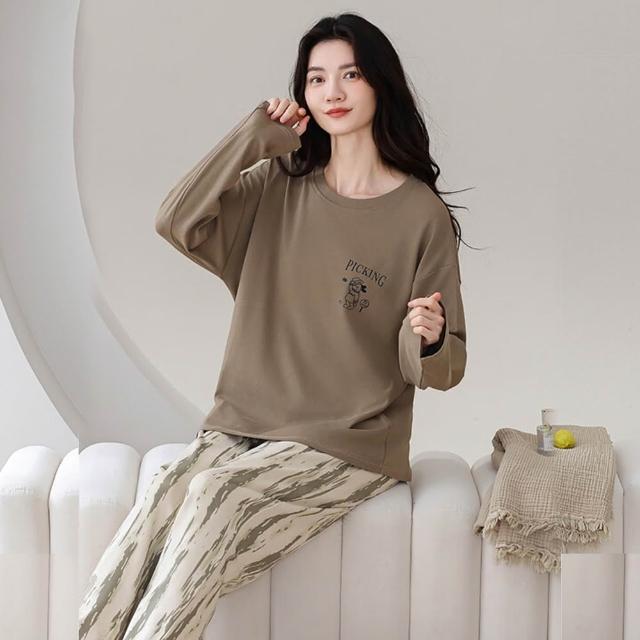 【Chic Chic 琪琪】1套組-長袖時尚帶胸墊休閒純棉睡衣(寬鬆舒適/居家服套裝/女睡衣)