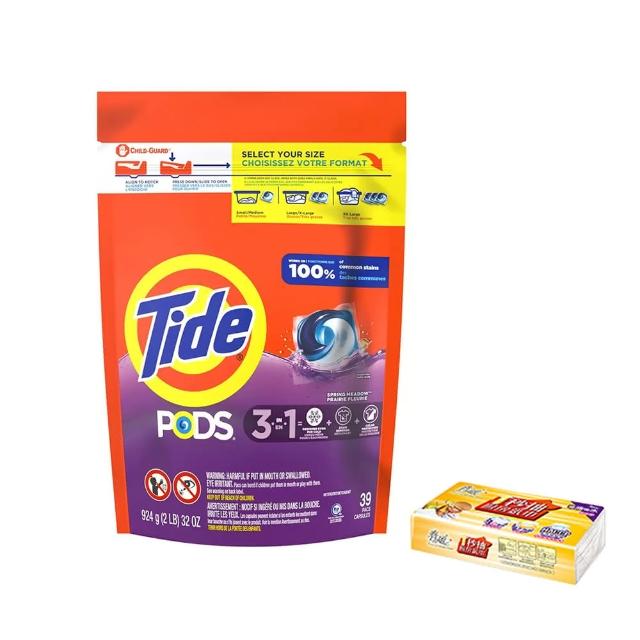【Tide 汰漬】洗衣膠囊春天草地香 39顆/袋+春風一秒抽取式廚房紙巾60抽/包