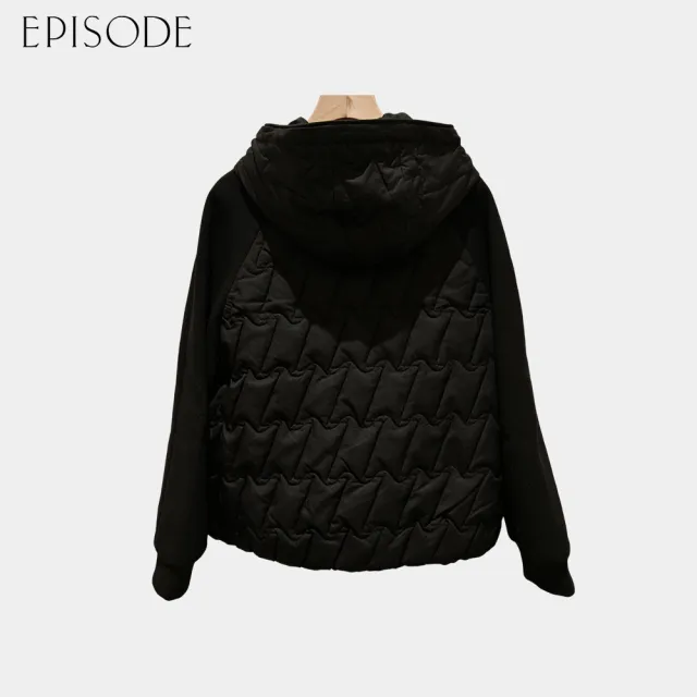 【EPISODE】休閒連帽拼接羊毛袖拉鏈羽絨外套E54C14（黑）