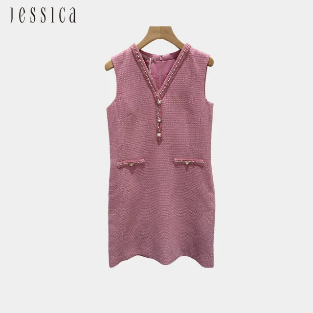 【JESSICA】法式顯瘦V領無袖小香風洋裝254720（粉）