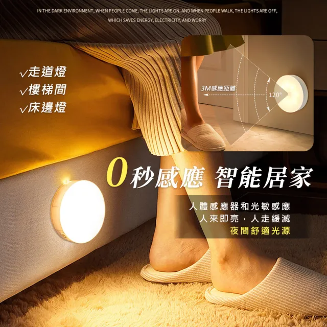 【KCS 嚴選】2入組-磁吸智能雙光圓形感應燈(雙色開關調節/USB充電/人體感應燈/感應小夜燈/LED感應燈)
