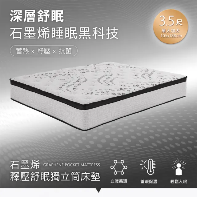 【H&D 東稻家居】MOMO獨賣台灣製單人加大石墨烯低敏透氣獨立筒床墊3.5尺高28cm(MIT MOMO獨賣)