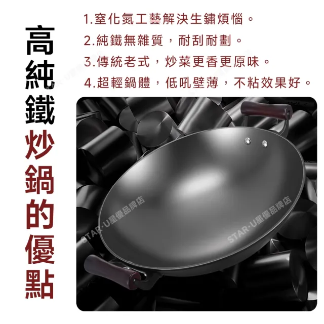 【星優】34cm圓底+帶蓋(炒鍋 已開鍋無塗層 雙耳生鐵炒鍋 炒菜鍋 圓底炒鍋 燃氣電磁爐通用)