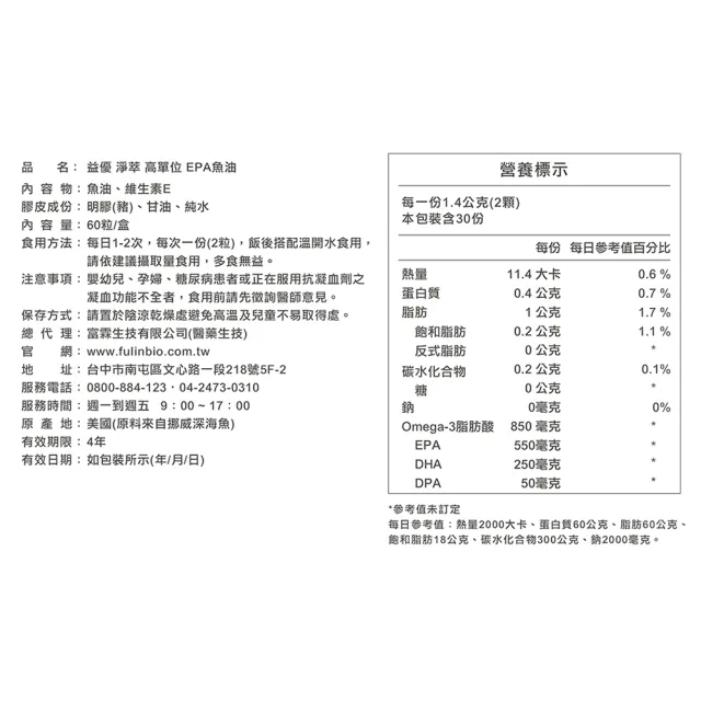 【FU LIN 富霖生技】益優淨萃 Omega-3 挪威頂級魚油 EPA+DHA+DPA 完整黃金配方(1入組_60粒/盒)