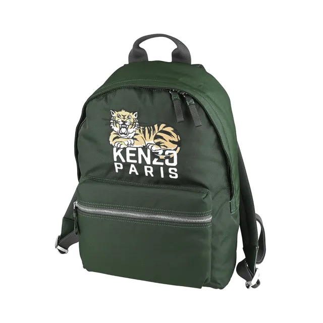 【KENZO】KENZO Happy Tiger系列刺繡LOGO滌綸布快樂老虎圖案拉鍊手提/後背包(深卡其綠)