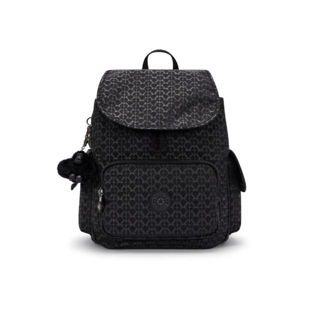 【KIPLING】經典黑菱格紋印花拉鍊掀蓋後背包-CITY PACK S 女包