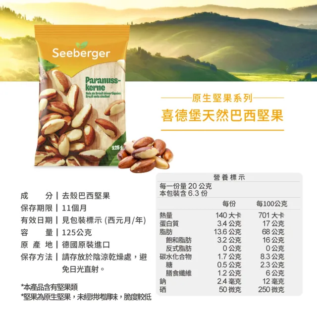 【SEEBERGER 喜德堡】喜德堡天然巴西堅果 125g(德國原裝)
