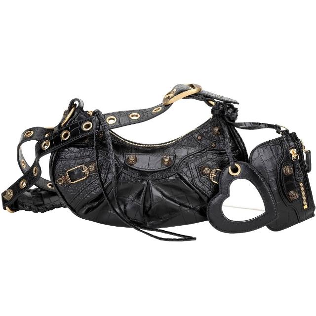 【Balenciaga 巴黎世家】Le Cagole XS 鱷魚壓紋牛皮肩背可頌包-黑色