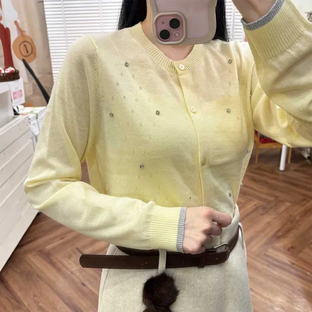 【my stere 我的時尚秘境】雙11 名媛鑲鑽雕花羊毛開襟上衣 羊毛針織 鏤空雕花上衣 羊毛上衣 針織