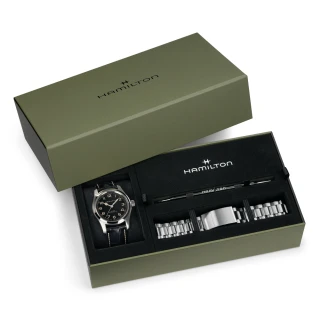 【HAMILTON 漢米爾頓】卡其陸戰墨菲腕錶 42mm 禮盒套組 (自動上鍊 中性 皮帶 鋼帶 H70605732)