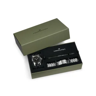 【HAMILTON 漢米爾頓】卡其陸戰墨菲腕錶 42mm 禮盒套組 (自動上鍊 中性 皮帶 鋼帶 H70605732)